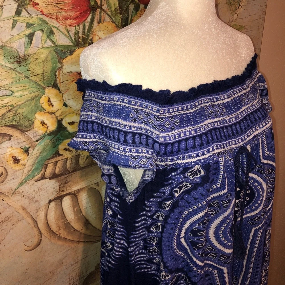 Sz M Band of Gypsies Coverup Smock Dress Off the Shoulder Blue Multiprint 861490